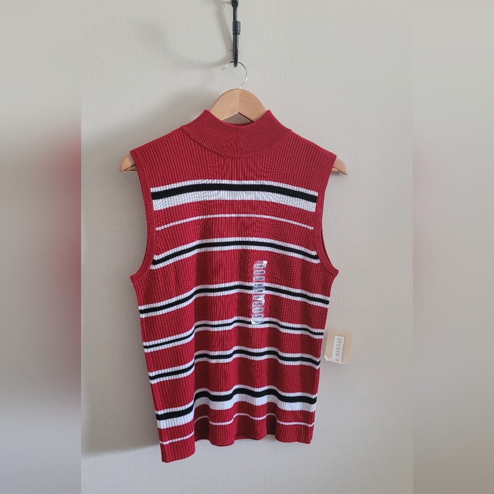 Vtg Studio Works Knit Mockneck Wide Ribbed Tank Top, Women's XL, Red Striped